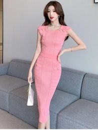Vestidos de trabajo delgados tejidos elegantes para mujeres ummer moda coreana sexy tops sin mangas standcon falda de oficina casual trajes