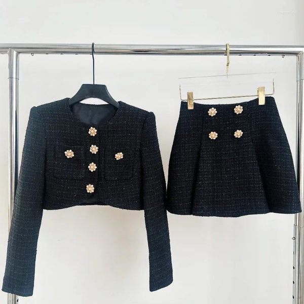 Vestidos de trabajo Pequeño fragancia Negro Mini falda Mini falda Conjunto de dos piezas Botones de diamantes de cuello redondo Tweed Tweed Mujeres