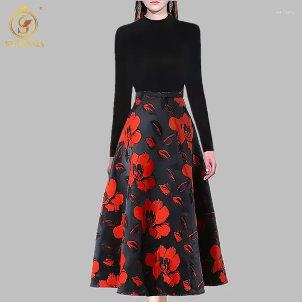 Vestidos de trabajo SMTHMA Diseño de lujo Runway Conjunto de dos piezas para mujer Suéter de manga larga negro Suéter de cintura alta Jacquard Traje de falda larga