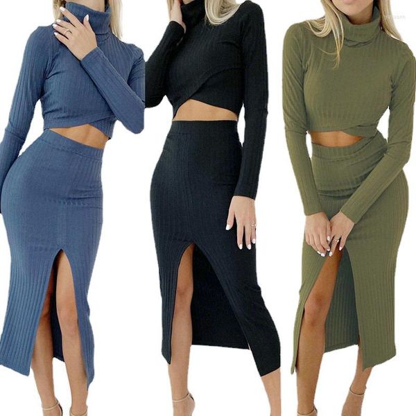 Vestidos de trabajo Vestido de manga larga sólido Mujeres Elegante Split-Side Falda delgada Trajes Cuello alto Crop Top Cintura alta Bodycon Conjuntos de dos piezas