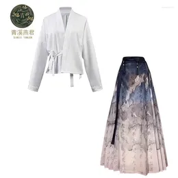 Vestidos de trabajo Dinastía Song Hecho Hanfu Mejorado Manga larga Cardigan Camisa Falda de caballo chino Traje Otoño Traje antiguo