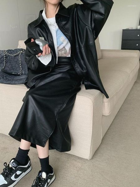 Robes de travail SONNEESD Printemps Streetwear Harajuku Locomotive à simple boutonnage Manteau à manches longues Taille haute A-ligne Jupe mi-mollet Costume en PU noir