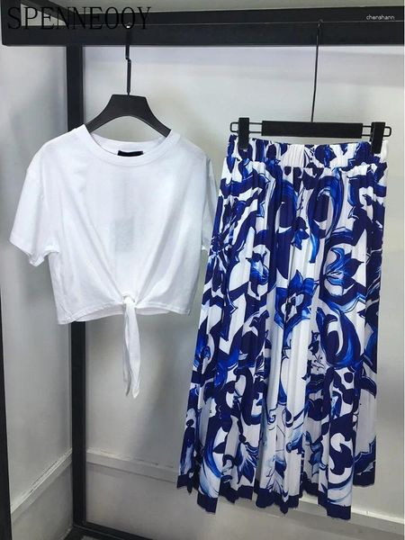 Robes de travail SPENNEOOY Mode d'été Jupe longue Costume Femme Blanc Lâche O-cou T-shirts Top Bleu et porcelaine imprimé plissé