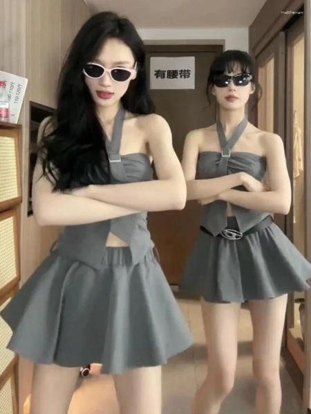 Robes de travail fille épicée américaine suspendu cou jupe fendue deux pièces ensemble femmes hors épaule solide mode coréenne ceinture mince costume d'été doux