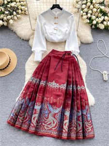 Robes de travail printemps automne chinois style deux pièces ensembles femmes à manches longues Blouse blanche élastique haute taille plissure une jupe à imprimé ligne