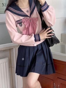 Werkjurken Lente/Herfst Japanse Sailor JK Uniform Set Dames Meisjes Strik Schattig Roze Lange Mouw Blouses Geplooide Korte Rok Marinekostuums