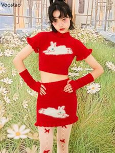 Robes de travail printemps automne doux Vintage rouge jupe ensembles filles broderie manches courtes tricoté pull Mini femmes 2PC ensemble