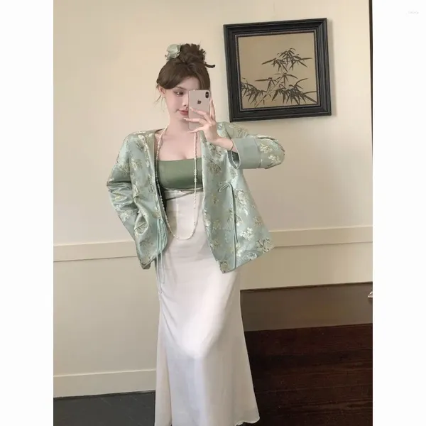 Robes de travail Spring Chinois Style Femmes Set Jacquard Pan Bouton V-Neck Coat Slim Fit Coumor Couleur Fishtail Long Robe Sabot sexy