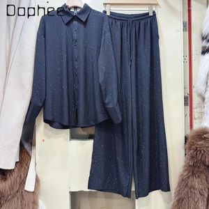 Robes de travail Tenues de forage printanier pour les femmes surdimensionnées de chemise à manches longues surdimensionnée et de pantalons droits lâches