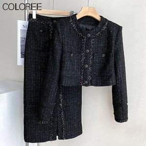 Robes de travail printemps en deux pièces pour femmes 2024 Elegant Black Tweed Jacket MIDI JOURTS SET