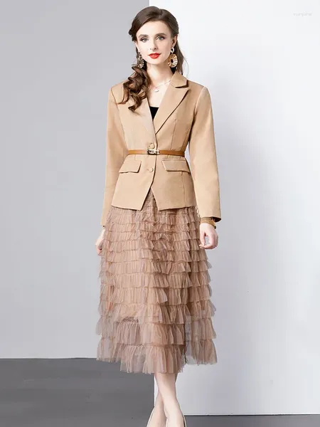 Robes de travail printemps jupe costume femmes élégant mode coréenne Blazer manteau couches volants maille décontracté dame bureau OL vêtements