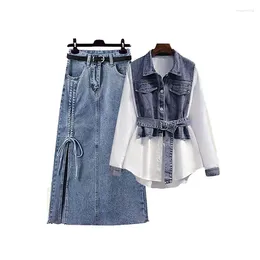 Vestidos de trabajo Spring Summer suelto de dos piezas para mujeres Blusa de manga larga Falda de mezclilla de vajilla alta jeans de dos piezas Hembra