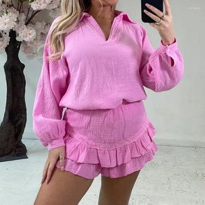 Werkjurken lente zomer v-neck lange mouwen pullover dames sets casual elastische taille ruche mini rok suit elegante vaste feestoutfit