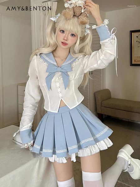 Robes de travail printemps doux Kawaii fille mince chemise à manches longues jupe plissée deux pièces ensembles femmes Preppy style marin costume JK uniforme