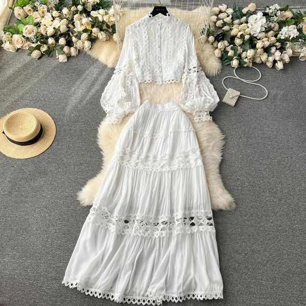 Vestidos de trabajo Spring White Skirt Sets for Women Floral Lace Manga Long Tops Cape A-Line Midi Vestido femenino Suits Holiday