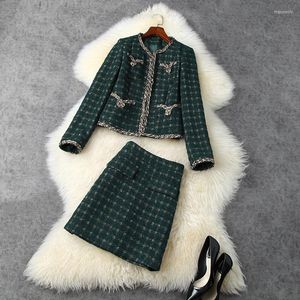 Robes de travail STREET 2023 HIGH Designer Runway Suit Set Women's Plaid Tweed Jacket Skirt