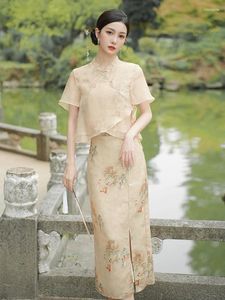 Robes de travail Summer 2024 Jupe imprimée de style chinois Set Two-Piece Patchwork Patchwork à manches courtes MIDI FAIRY RETRO SUIT FEMME