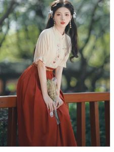 Werkjurken zomer 2024 Kantoor dame vintage stand kraag hoge taille blouse shirt met korte mouwen en A-line rode lange rokken 2 stuks