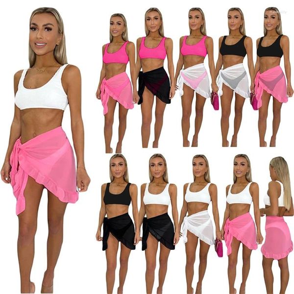 Robes de travail Summer Beach Maillot de bain 3 pièces Ensembles Femmes Sexy Débardeur côtelé Crop Top Culotte Volants Sheer Mesh Lace Up Mini Jupes Costume