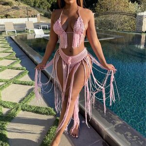 Werkjurken Zomerstrand Twee delige set cover Up Women Hollow Out Tassel Sexy Zie door gehaakte gebreide kwastjes lange rok sc013