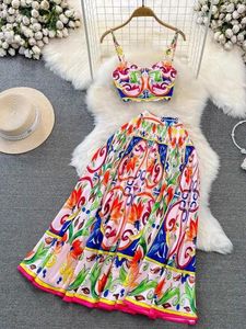 Werkjurken Zomer Bohemian Barok Tweedelige Set Vrouwen Bloemenprint Korte Cup Gewatteerde Gouden Knoppen Crop Tops Hoge Taille Lange Rok Pak