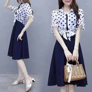 Werk jurken zomer Casual polka dots gele jas eenvoudige elegante knop dames midi riem jurk 2 -delige sets vrouwelijk plus size lady suit h137