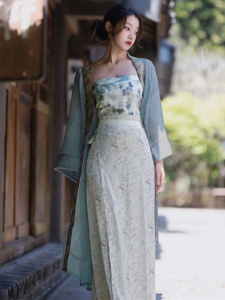 Robes de travail d'été chinois Hanfu 3 pièces ensembles imprimé bustier tubulaire une jupe à lacets motif foncé perlé châle dame costumes trois pièces