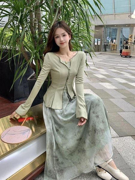 Robes de travail Été Style chinois Fée élégante 3 pièces Ensembles Vintage Manches longues Slim Cardign Réservoirs Taille haute Imprimé Floral Midi Jupes