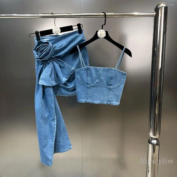 Vestidos de trabajo Denimwear de verano 2024 Camisol Sling Camisole Falda de rosa europeo y americano