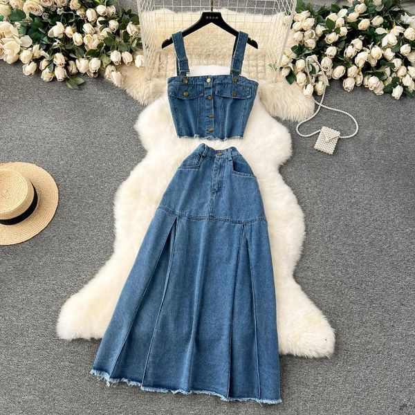 Robes de travail Summer Elegant Denim Robe Set for Women Jeans Strap Crops Tops A-Line Midi MIDER Casual Street Wear en 2024