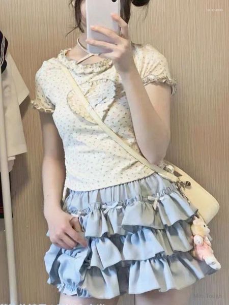 Vestidos de trabajo verano kawaii dulce conjunto de dos piezas mujeres tiras moda coreana fiesta falda femenina volante volante lolita pastel traje 2023