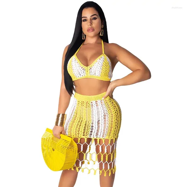 Vestidos de trabajo Vestido de crochet de punto de verano Ropa de playa Conjunto de dos piezas para mujer Halter Crop Top y falda Sexy Hollow Out 2 trajes