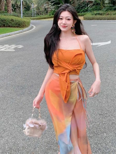 Robes de travail Summer coréen chic plage crop top 2 pièces set femmes mode lacet lacet up jupe backless orange chemisier tenues vêtements féminins