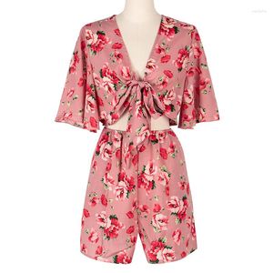 Robes de travail d'été pour femmes, Sexy, décolleté en v profond, cravate ample, combinaison en mousseline de soie, style bohème, motif Floral, plage, jambes larges, volants