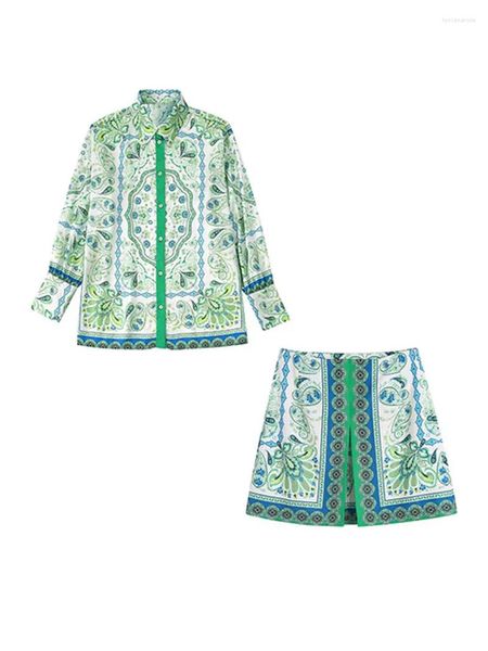 Robes de travail d'été à manches longues petit haut jupe trapèze 2 pièces ensemble femmes costume de plage mode imprimé chemisier lâche Blusas Chic fille tenue