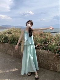 Vestidos de trabajo Summer Mint Sling verde Top de cintura alta Juegos de falda Korean Slip Song Media Longitud Mujeres Se mares