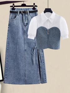 Werkjurken Zomeroutfits Voor Dames 2024 Koreaanse Mode Korte Mouw Patchwork Nep Tweedelige Top En Zijsplit Bandage Denim Rokken Sets