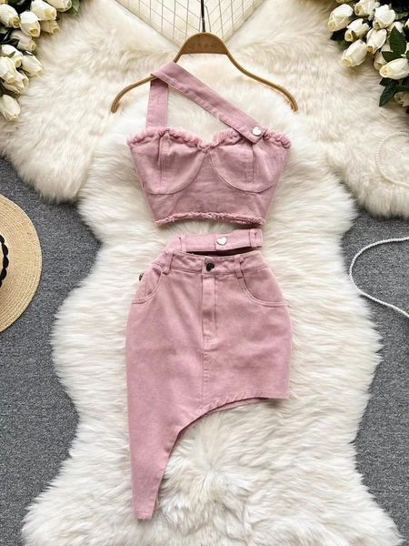 Vestidos de trabajo Summer Pink Denim Sexy Women Sets Elegant Zipper Extends Tops Button Button Pocket Irregular Slash Neck Slim Dos piezas Set