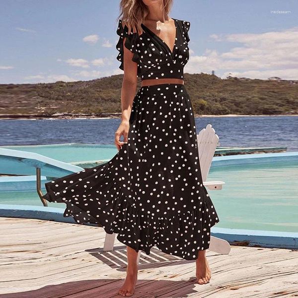 Vestidos de trabajo Trajes de vacaciones con estampado de lunares de verano Conjuntos de dos piezas de playa plisados casuales Camiseta sin mangas con volantes y cuello en V de moda con traje de falda larga