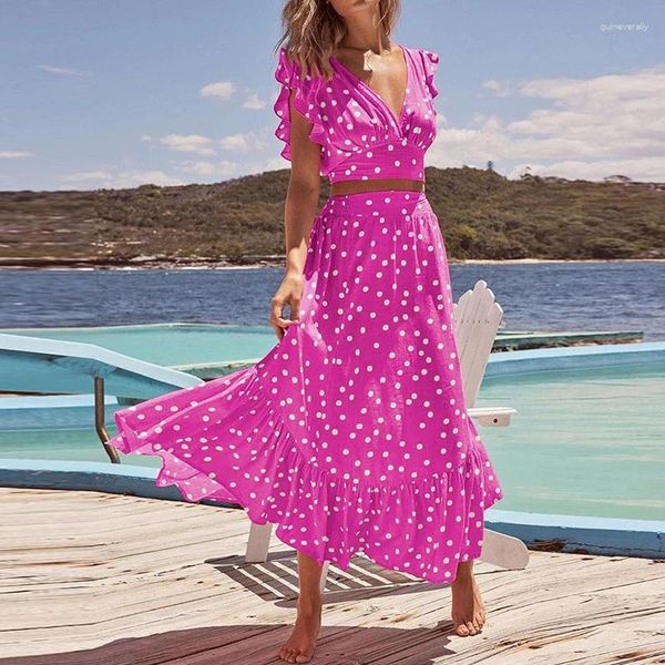 Vestidos de trabajo Conjunto de playa con estampado de lunares de verano 2024 Mujeres Vacaciones Elegante Cuello en V profundo Tops cortos Cintura alta Faldas con dobladillo grande Trajes