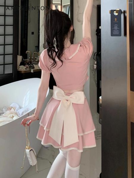 Robes de travail Summer Preppy Style Sweet mignon fille poupée collier Puff Sleeve Top Tricoted Bow Mini jupe en deux pièces