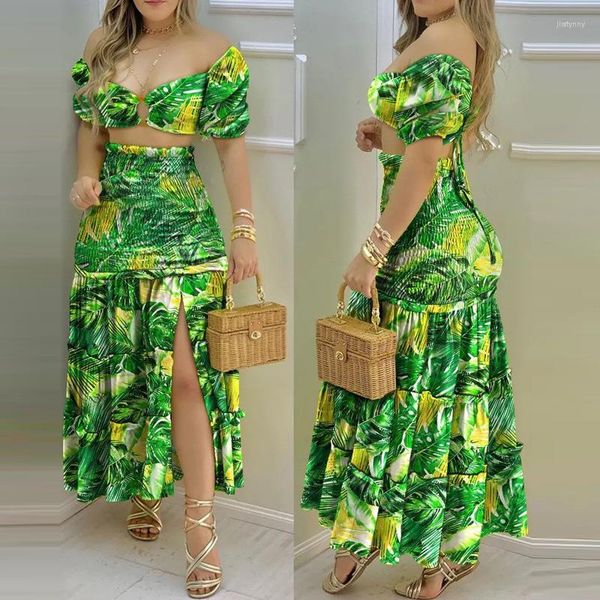 Vestidos de trabajo Verano Sexy Pecho Abrigo Hombros descubiertos Top corto y pliegues Volantes Falda larga Traje Damas Elegante Conjunto Estampado floral Fiesta 2 piezas