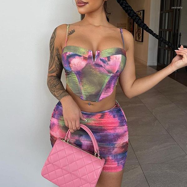 Robes de travail Été Sexy Club Wear Y2K Vêtements 2 Pièces Tie Dye Imprimer Sans Manches Dos Nu Corset Haut Court Mini Jupe Froncé Pour Les Femmes