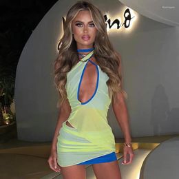 Robes de travail Summer Sheer Mesh Patchwork deux pièces Set Femmes Sexy Lace Up Hollow Out Crop Top Rucched Mini Skirts Club Party Tenifits Y2K