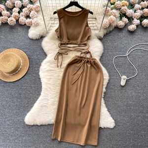 Vestidos de trabajo Conjuntos de falda de verano para mujer Tanque Sin mangas Midriff Vendaje Tops cortos Draw String Midi Dress Casual Mujer Ropa 2023 In