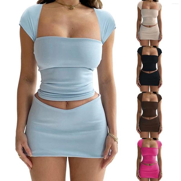 Vestidos de trabajo Conjuntos de falda de verano Conjuntos de 2 piezas para mujer Sexy Sin tirantes Sin mangas Crop Tube Tops y cintura baja Mini Y2K Streetwear