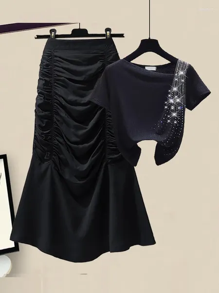 Robes de travail d'été deux pièces pour femmes, T-shirt à paillettes à manches courtes et jupe sirène drapée, style coréen décontracté, 2023