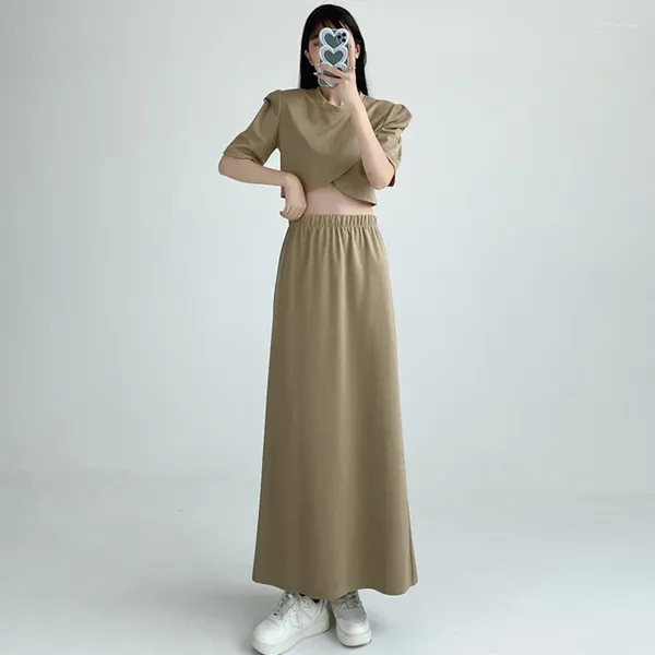 Robes de travail Summer Two Piece Sets Womens Overiets Korean Simple Fashion Crop Crops High Taies Élastique Longes Suisses Femme