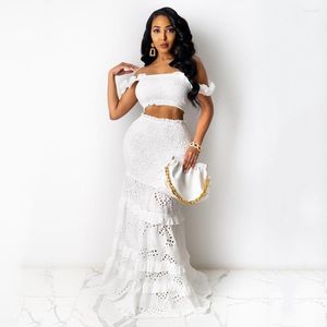 Werkjurken Zomer Women Outfits White Maxi Long Rok Tweedelige set Crop Tops Fishtail Lace Hollow High Taille Sexy Party Matching