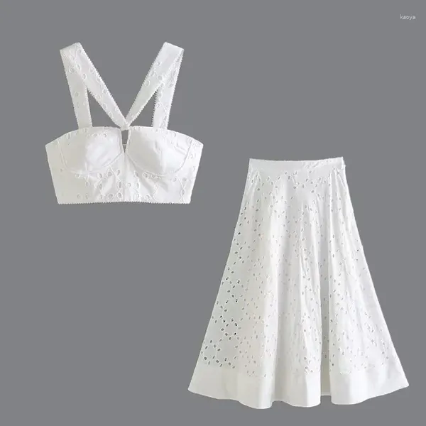 Robes de travail Summer Femme's Broidered Corset A-Line Long Jupe 2 pièces Set Crop-dessus Bralette White Cotton Vêtements